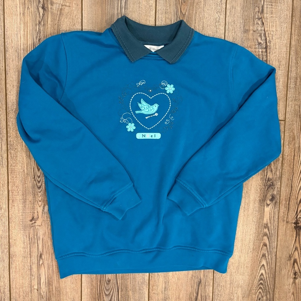 Northern Reflections Noel Bird Collared Sweatshirt Blue Sz S Holiday Vintage - Picture 2 of 9